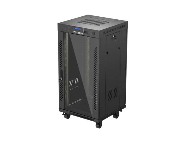 19'' VOLNĚ STOJÍCÍ RACKOVÁ SKŘÍŇ 22U 600X600 ČERNÉ SKLENĚNÉ DVEŘE LANBERG (PLOCHÉ BALENÍ) V2