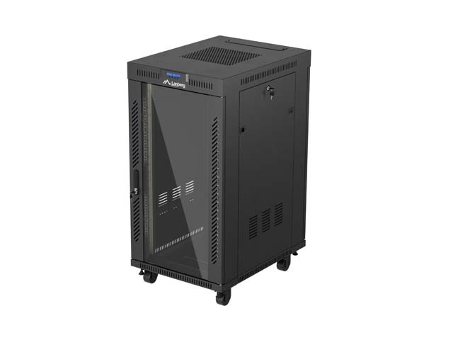 19'' VOLNĚ STOJÍCÍ RACKOVÁ SKŘÍŇ 22U 600X800 ČERNÉ SKLENĚNÉ DVEŘE LANBERG (PLOCHÉ BALENÍ) V2