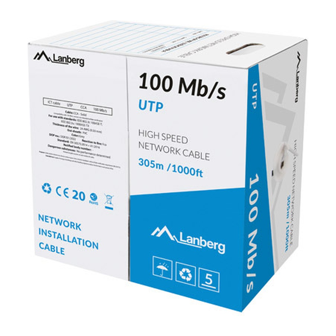 LAN KABEL 100MB/S 305M PEVNÝ CCA ŠEDÝ LANBERG