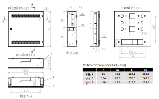 Rozvaděč SOHO nástěnný LC-18 do zdi s lištami 2U, 4U a 11U,550x550 bílá,RAL9003 s rámečkem k zazdění