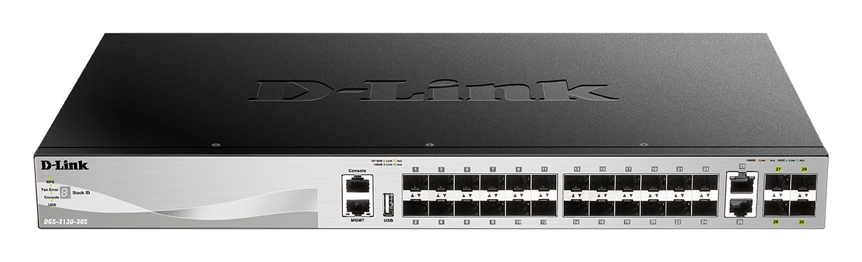 Obrázok D-Link DGS-3130-30S L3 Stackable Managed switch, 24x SFP, 2x 10G RJ-45, 2x 10G SFP+ DGS-3130-30S/SI