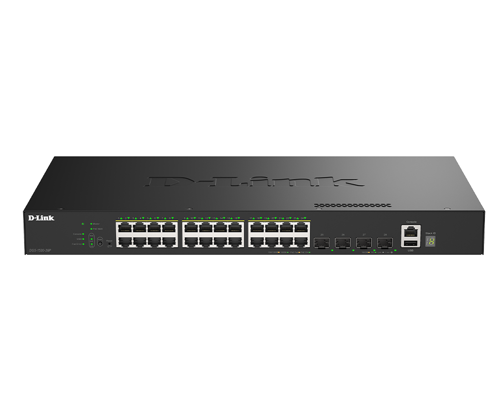 D-Link DGS-1530-28P/E 24 Ports GE PoE(30W) + 4 Ports 10G SFP+ Smart Managed Switch, 370W