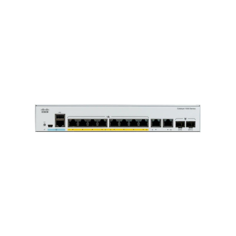 Catalyst C1000-8T-2G-L, 8x 10/100/1000 Ethernet ports, 2x 1G SFP and RJ-45 combo uplinks
