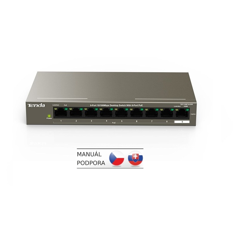 Obrázok Tenda TEF1109P-8-63W PoE AT switch (8x PoE 802.3af/at, 9x 100Mb/s, PoE celkem 63W, fanless TEF1109P-8-63W