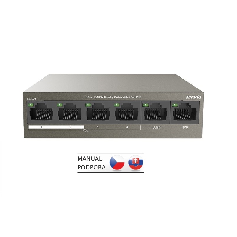 Obrázok Tenda TEF1106P-4-63W PoE AT switch 4x PoE 802.3af/at, 6x 100Mb/s, PoE celkem 63W, fanless TEF1106P-4-63W