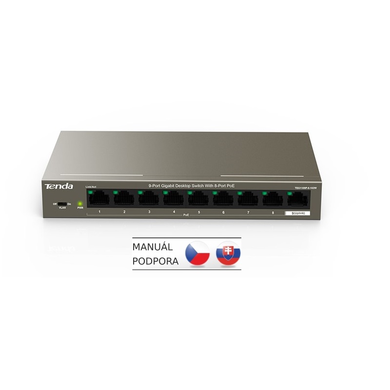 Obrázok Tenda TEG1109P-8-102W PoE AT switch 8x PoE 802.3af/at + 1x Uplink, 9x 1 Gb/s, PoE 102W, fanless TEG1109P-8-102W