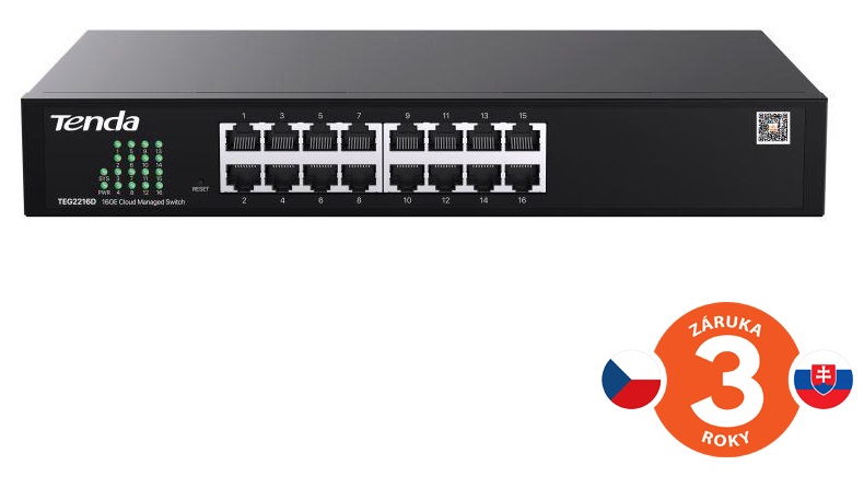Tenda TEG2216D Websmart L2 cloud managed switch, 16x 10/100/1000 Mbps, Kov, Fanless-bez ventilátorů