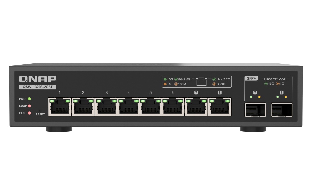 QNAP switch QSW-L3208-2C6T (6x 10GbE port, 2x 10G SFP+/NBASE-T Combo, Lite Managed)