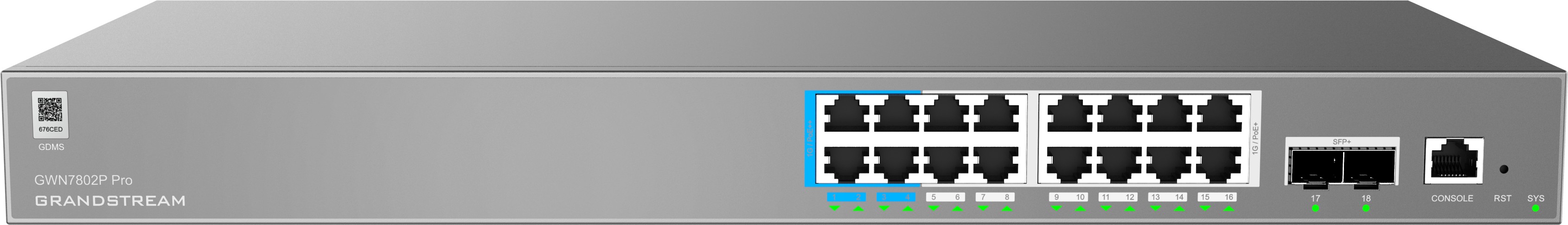 Grandstream GWN7802P Pro L2++ Managed Network switch, 16x 1Gb RJ45, PoE++, SFP+, DHCP, CLI, VLAN