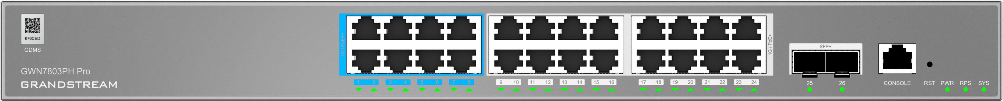 Grandstream GWN7803PH Pro L2++, Managed switch, 24x 1Gb RJ45, PoE, SFP+