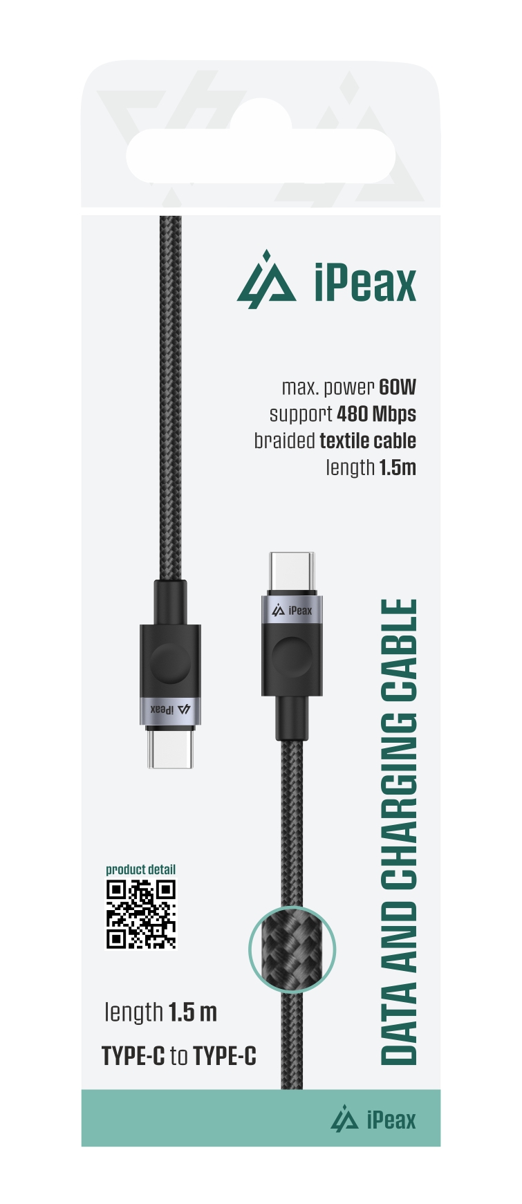 TEXTILNÍ KABEL USB-C / USB-C 1,5M, USB 2.0 ČERNÝ