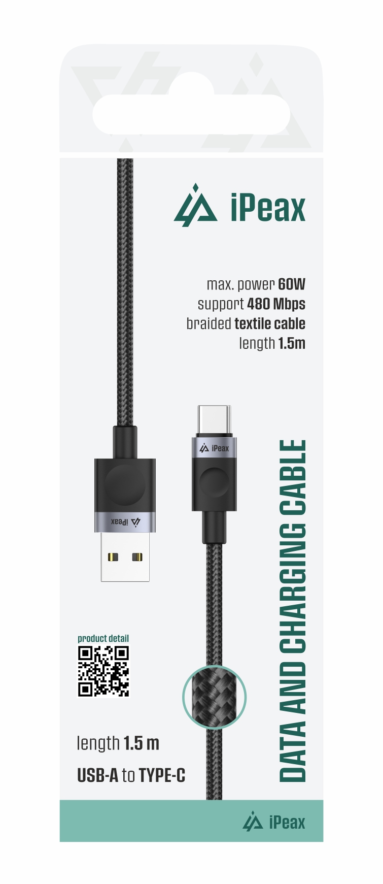 TEXTILNÍ KABEL USB-A / USB-C 1,5M, USB 2.0 ČERNÝ