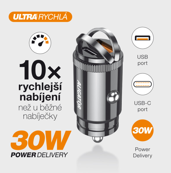 Aligator Power Delivery 30W, USB-C + USB-A, USB-C/USB-C kábel / CHPD0007