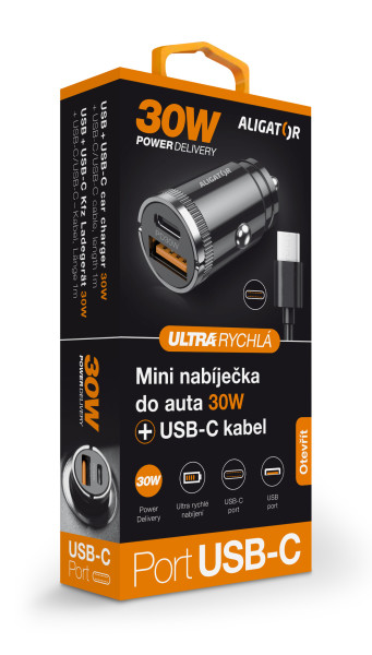 Aligator Power Delivery 30W, USB-C + USB-A, USB-C/USB-C kábel / CHPD0007