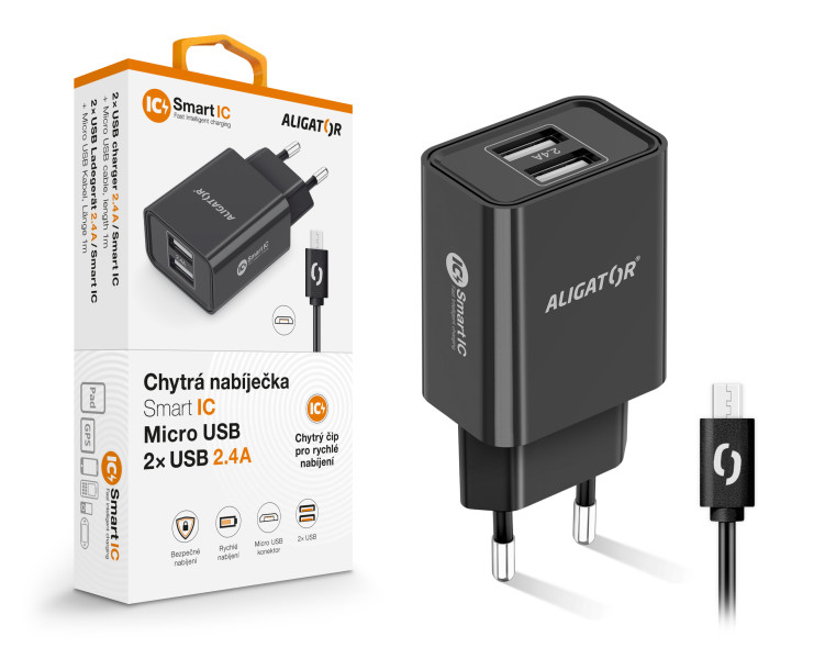 Chytrá síťová nabíječka ALIGATOR 2,4A, 2xUSB, smart IC, černá, micro USB kabel