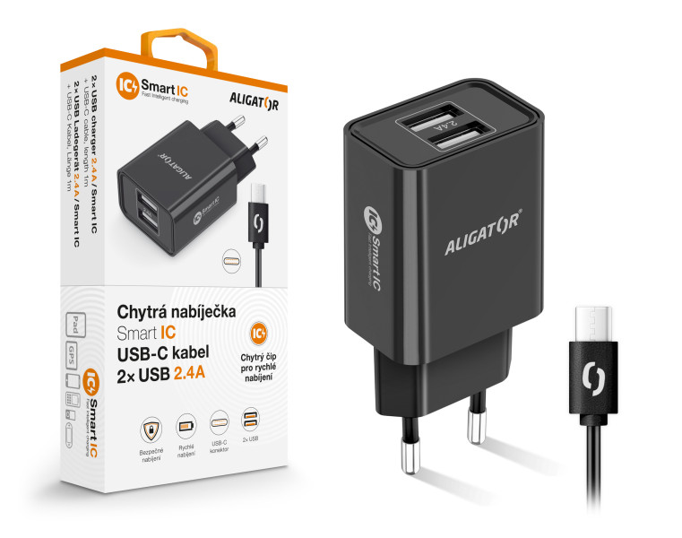 Chytrá síťová nabíječka ALIGATOR 2,4A, 2xUSB, smart IC, černá, USB-C kabel