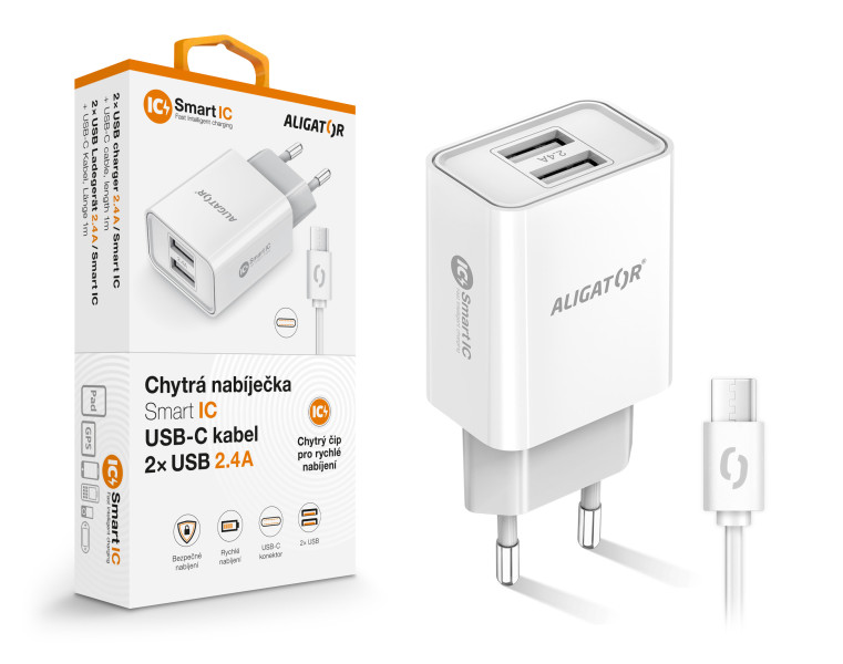 Chytrá síťová nabíječka ALIGATOR 2,4A, 2xUSB, smart IC, bílá, USB-C kabel