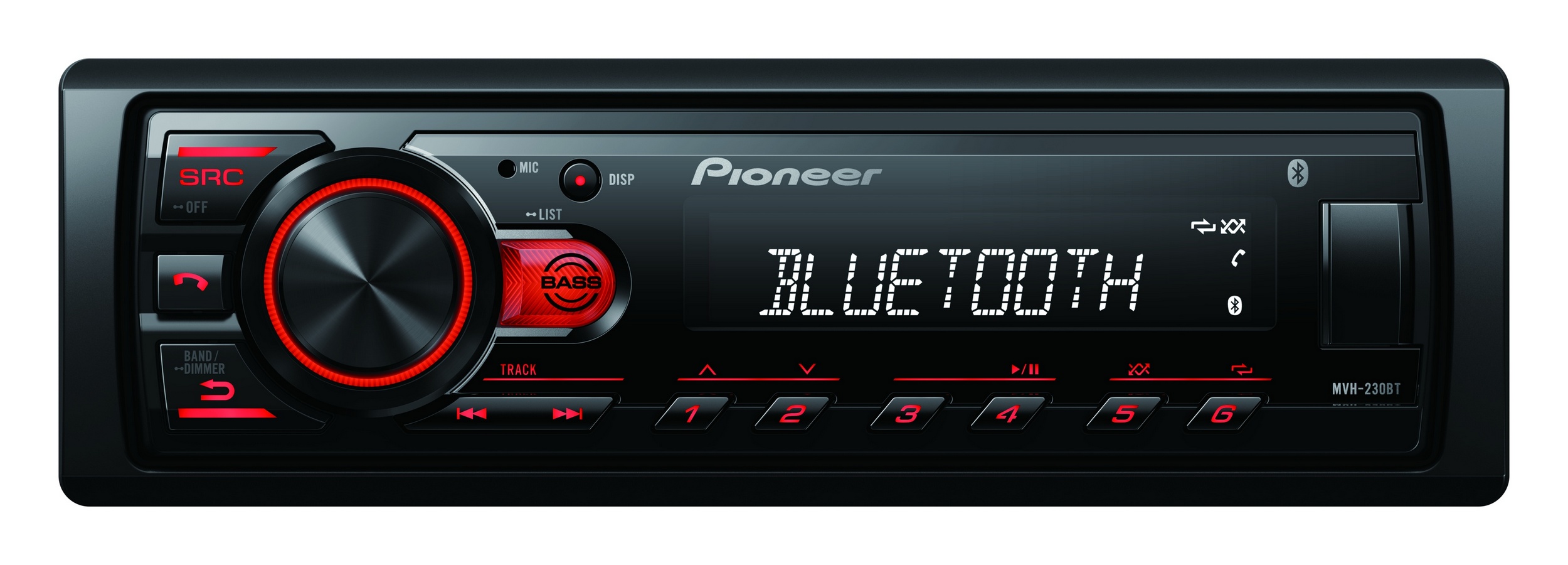 Pioneer MVH-230 autorádio s USB a Bluetooth s integrovaným mikrofonem červené